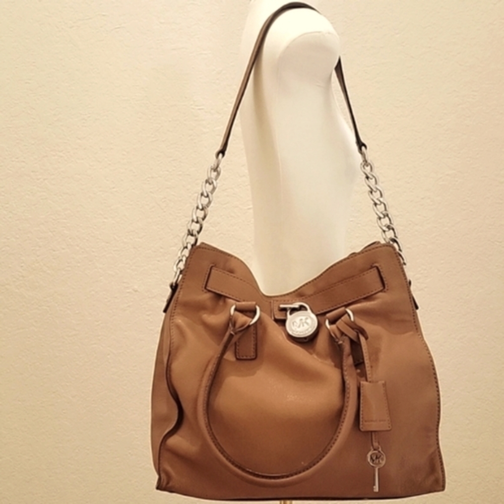 Michael Kors Cognac Large Hamilton Tan Leather, Silver Chain & Lock Bag